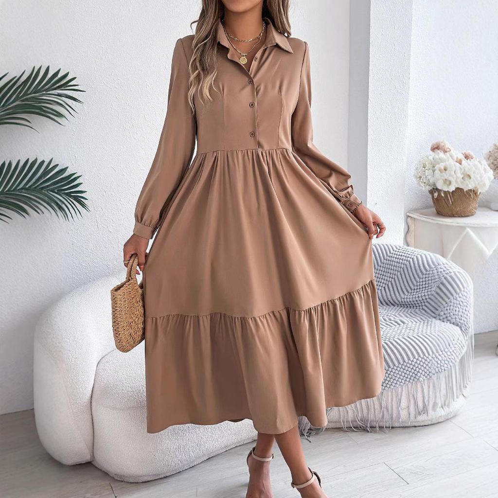 Vestido Camisa Largo Casual Holgado de Manga Larga con Cuello y Volantes para Otoño e Invierno