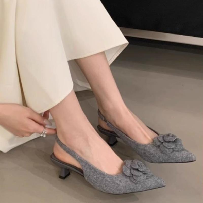 Fashion New Bao Head Low Heel Sandals Spring Pointed Head Shallow Mouth Flowers with A Word Anti-slip Wear-resistant Sandals