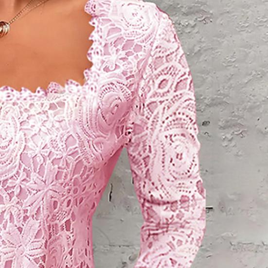 Camicia da donna primaverile con scollo quadrato scolpito in pizzo a maniche lunghe tinta unita T-shirt da donna pullover morbida e traspirante