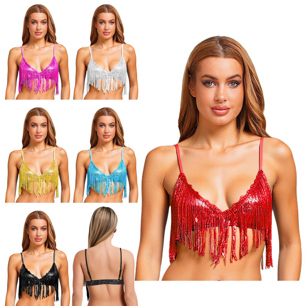 Womens Shiny Sequin Tassel Bra Tops Swing Sequin Fringe No-pad Wireless Bralette Bra Clubwear Dancewear for Belly Dance Disco