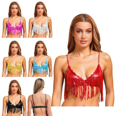 Pailletten Fransen BH Top Damen S-3XL - Glänzende Pailletten Quaste Ungepolstert Kabellos Bralette für Clubwear Tanzbekleidung