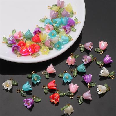 10Pcs DIY Pendant Three-Dimensional Simulation Texture Resin Flower of The Valley Pendant with Green Leaf Embellishment Metal Hanging Ring Jewelry