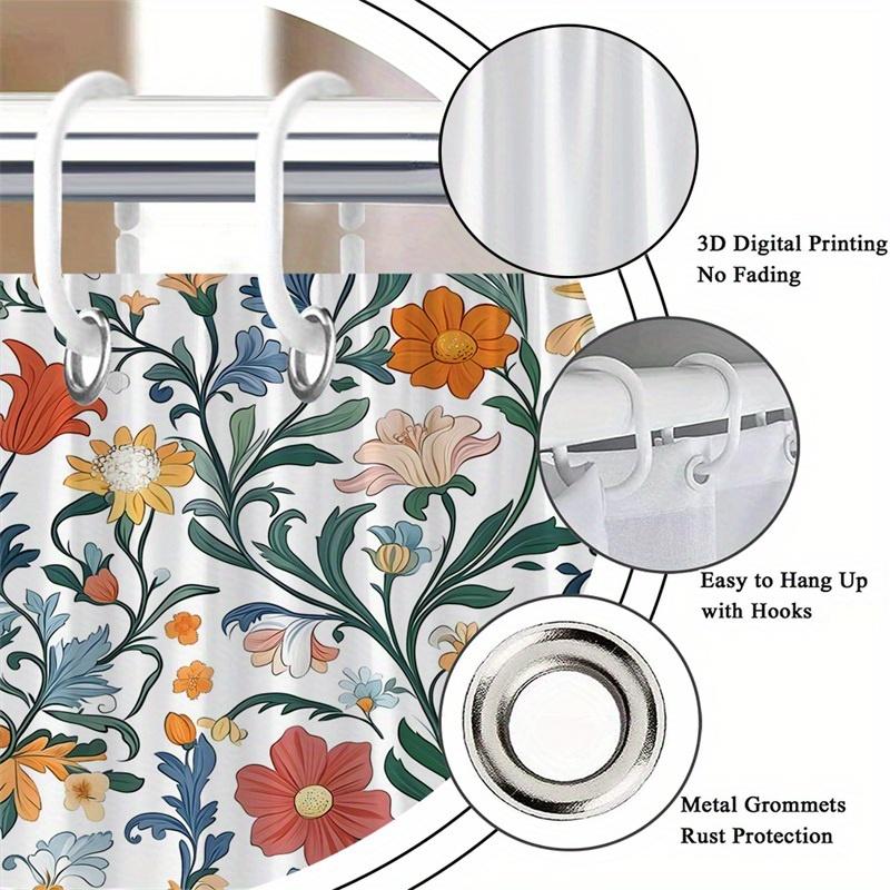 1Pc Bright Red, Orange, Yellow And Blue Floral Pattern Shower Curtain, Polyester Fabric, Machine Washable, Suitable For Bathroom