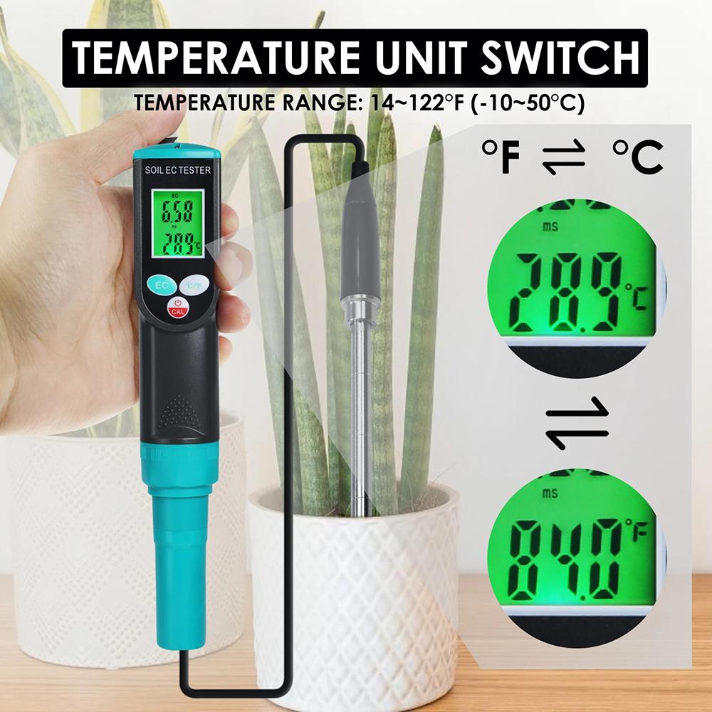 2 In 1 Digital EC/Temp Soil Tester 0.00~4.00mS/cm Conductivity Meter High Accuracy Sensor with ATC for  Planting Gardening