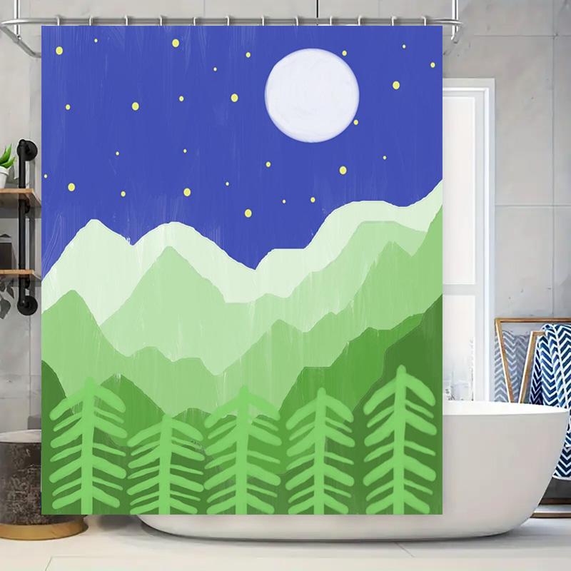 Decorative Shower Curtain Nature Landscape with Moonlight Green Mountains Forest Trees Print Blue Background Eco-Friendly Fabric 90x180cm