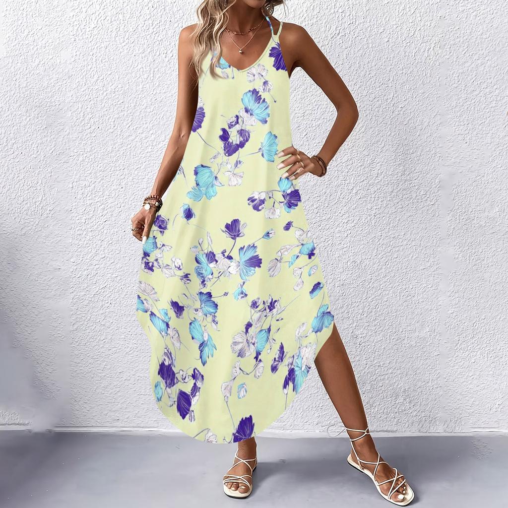 Women V Neck Sleeveless Floral Print Maxi Dress with Pockets Casual Loose Fit Summer Beach Sundress