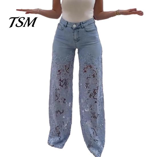 Jeans Versatili da Donna Patchwork di Pizzo da Donna Borsa Casual Ampia Gamba Dritta Larga Spandex per Pantaloni in Denim Vita Media Floreale Traforato Flessibile