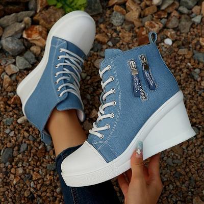 Damskie casualowe trampki high top z denimu, dekoracja na zamek błyskawiczny, koturn, buty płócienne, moda damska, sznurowane, platforma, botki do kostki, duży rozmiar
