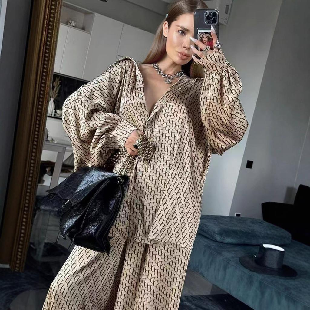 Fashionable Printed Loose and Comfortable Long-sleeved and Long Pants Summer Thin Women's Set
