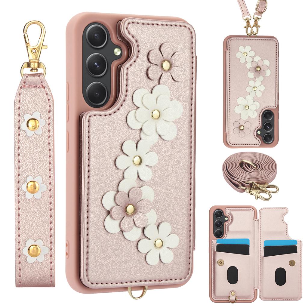SY-001 For Samsung Galaxy A15 4G/5G Case Card Slots Leather+TPU Phone Cover with 2 Straps