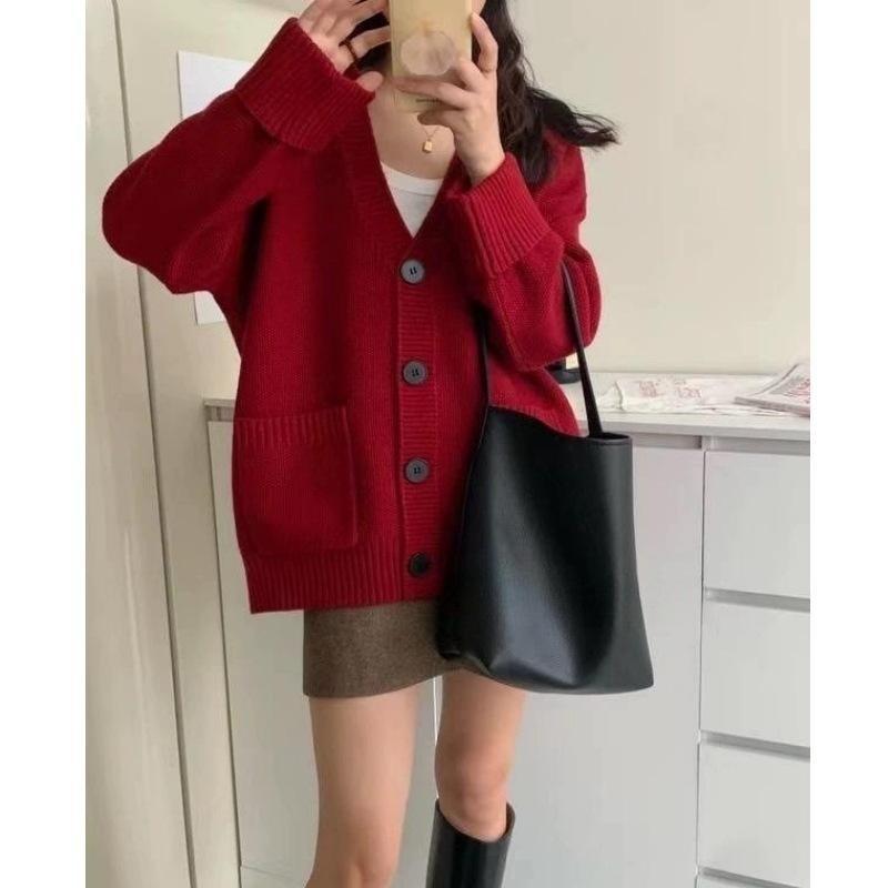 Neue Retro Strickjacke für Herbst und Winter im koreanischen Stil, locker und figurschmeichelnd mit hochgekrempelten Ärmeln, weicher und weicher Strickmantel für Damen