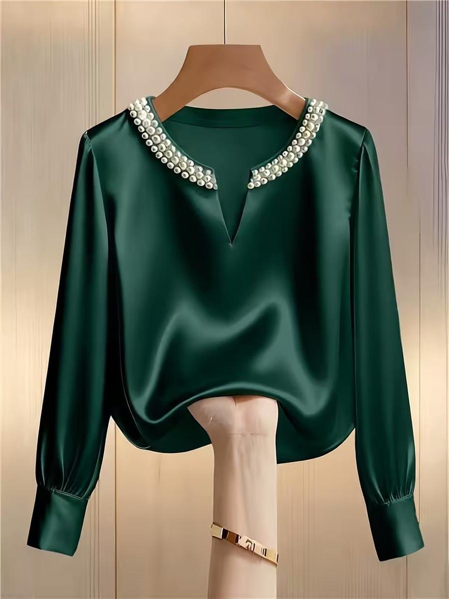 Summer French Chic Pearl Satin V-Neck Blouse Top for Women S зелёный