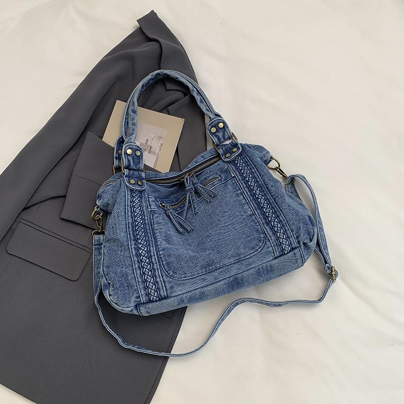Vintage Denim Handbag with Braided Details Large Capacity Shoulder Crossbody Bag for Women
