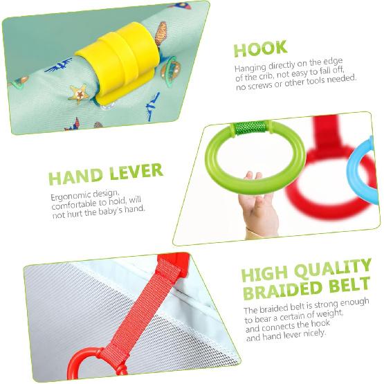 4pcs Pull Rings Baby Cot Hanging Rings Baby Bed Stand Up Rings Walking Assistant Stand Up Rings Learning Standing Crib Hanging Ring for Strollers,