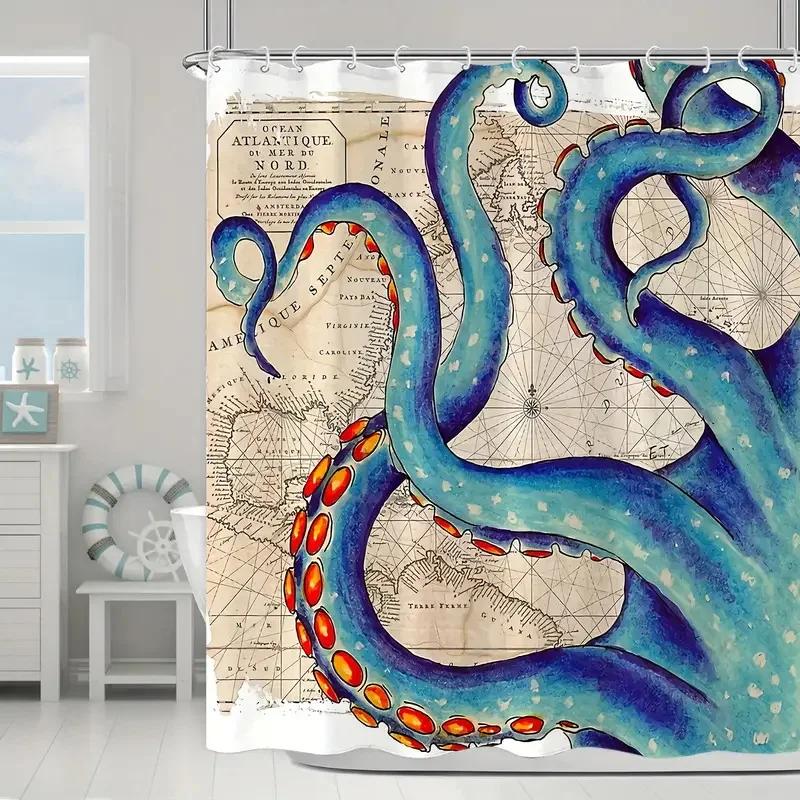 Vintage Nautical Octopus Waterproof Shower Curtain Navy Blue Mermaid Fun Ocean Sea Monster Bath Shower Curtain Anchorage Map