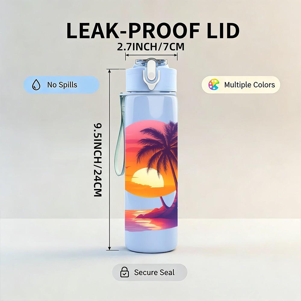 1PC Sunset Palm Beach Scene 750ml Color Plastic Sports Water Bottle Leakproof Flip Straw Lid Suitable for Sports Office Home Use