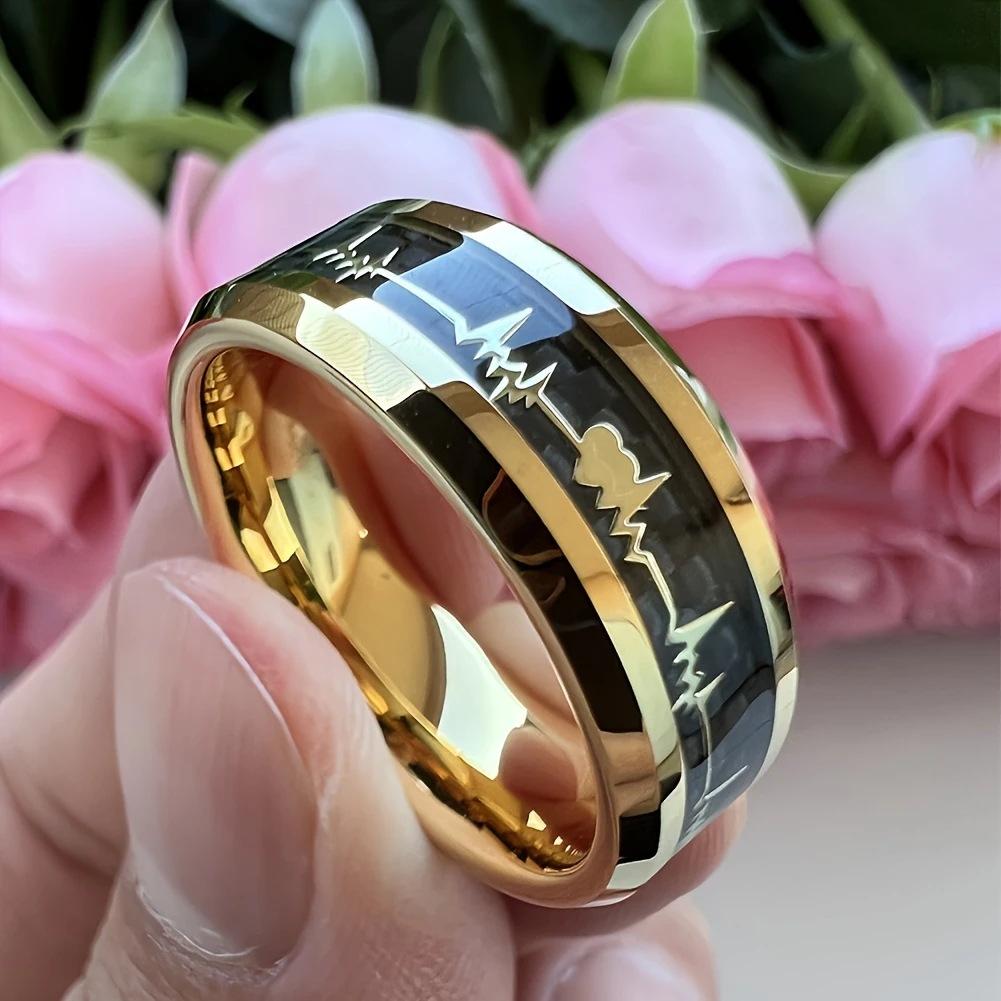 Vintage Carbon Fiber Heartbeat Couple Rings Fashionable Hand Jewelry For Lovers