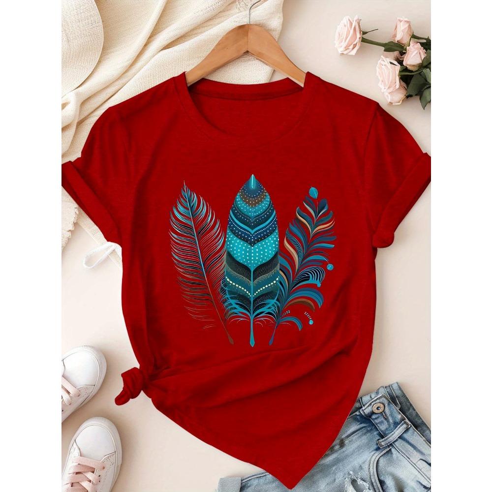 T-shirt Manches Courtes Femme avec Impression Plumes Colorées, Style Bohème, Confortable. Streetwear d'Été Graphique Y2K