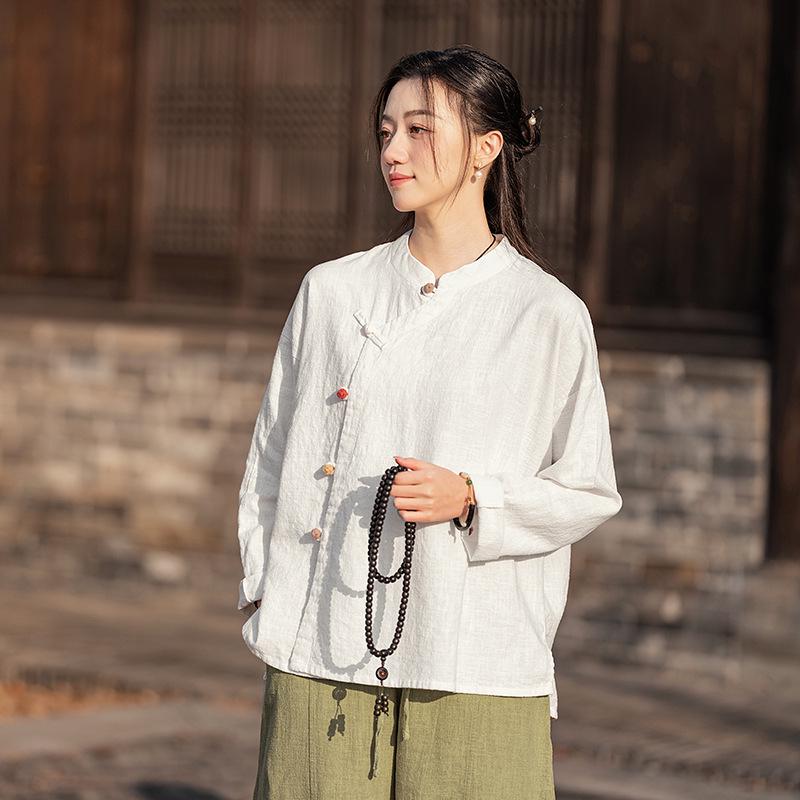 Spring/Summer 2025 Women's Retro Linen Shirt with Stand Collar, Side Placket, Color Block, Sand Wash, Frog Button, and Long Sleeves.