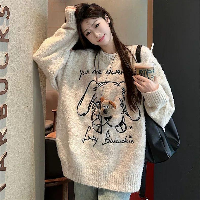 

Women s Retro Cartoon Puppy Knit Sweater - Cozy Autumn/Winter Style