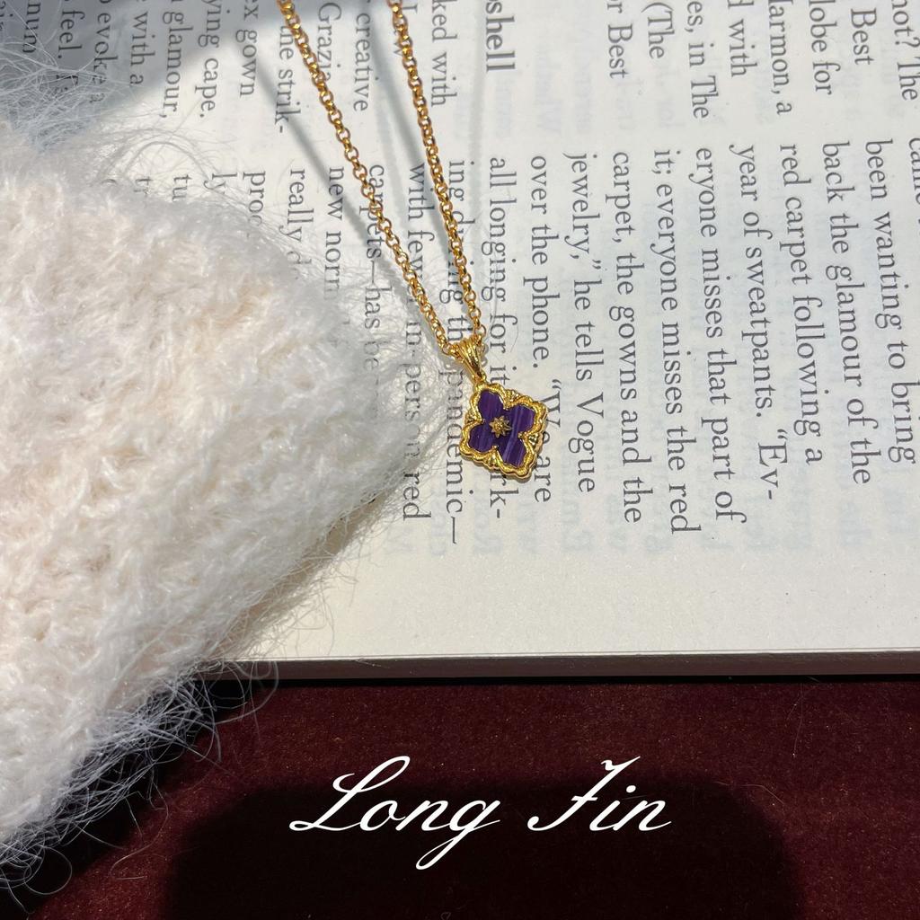 French Retro High-End Purple Dragon Crystal Turquoise Bracelet, Necklace, Earrings, Court Style Four-Leaf Clover Set, Live Broadcast Special