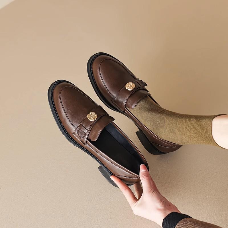 French retro British style thick heel loafers women's soft leather one-pedal camellia small leather shoes spring and autumn single shoes middle heel