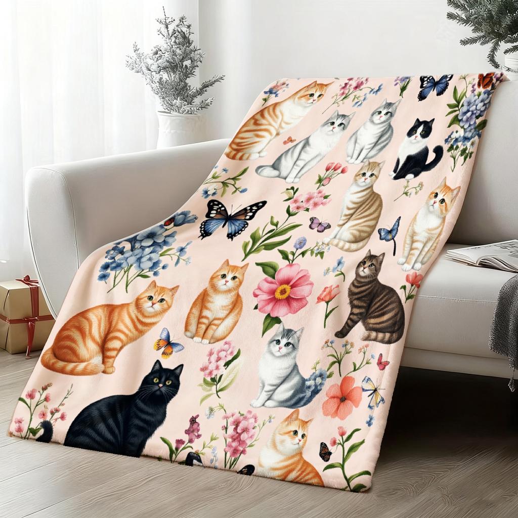 Cat, Floral, and Butterfly Art Pattern Decorative Throw Blanket for Sofa, Bed, Living Room, and Home Space Styling