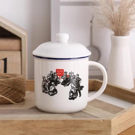 Ceramic Cup with Lid, Creative Imitation Enamel Mug, China Mao Zedong, Office Drinking Glass, Classic Nostalgic, 370ml