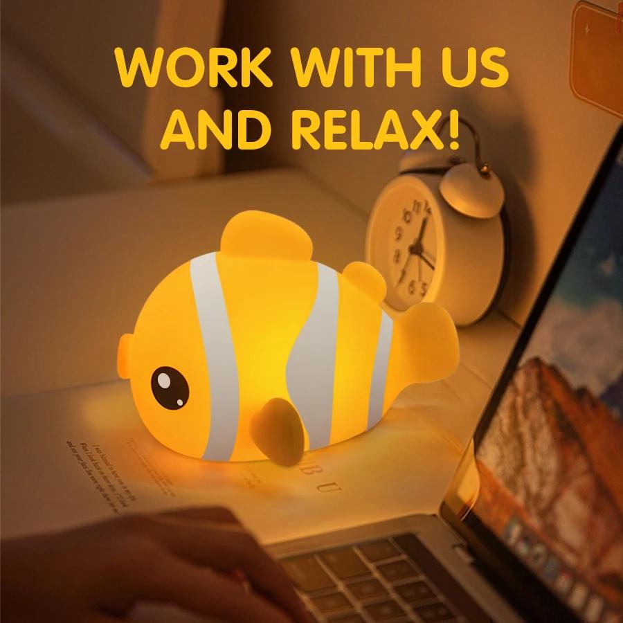 

Cute Clownfish Silicone Patting Lamp LED Night Light Rechargeable Touch Bedside Sleeping Lamp Room Decor Kids Birthday Gifts