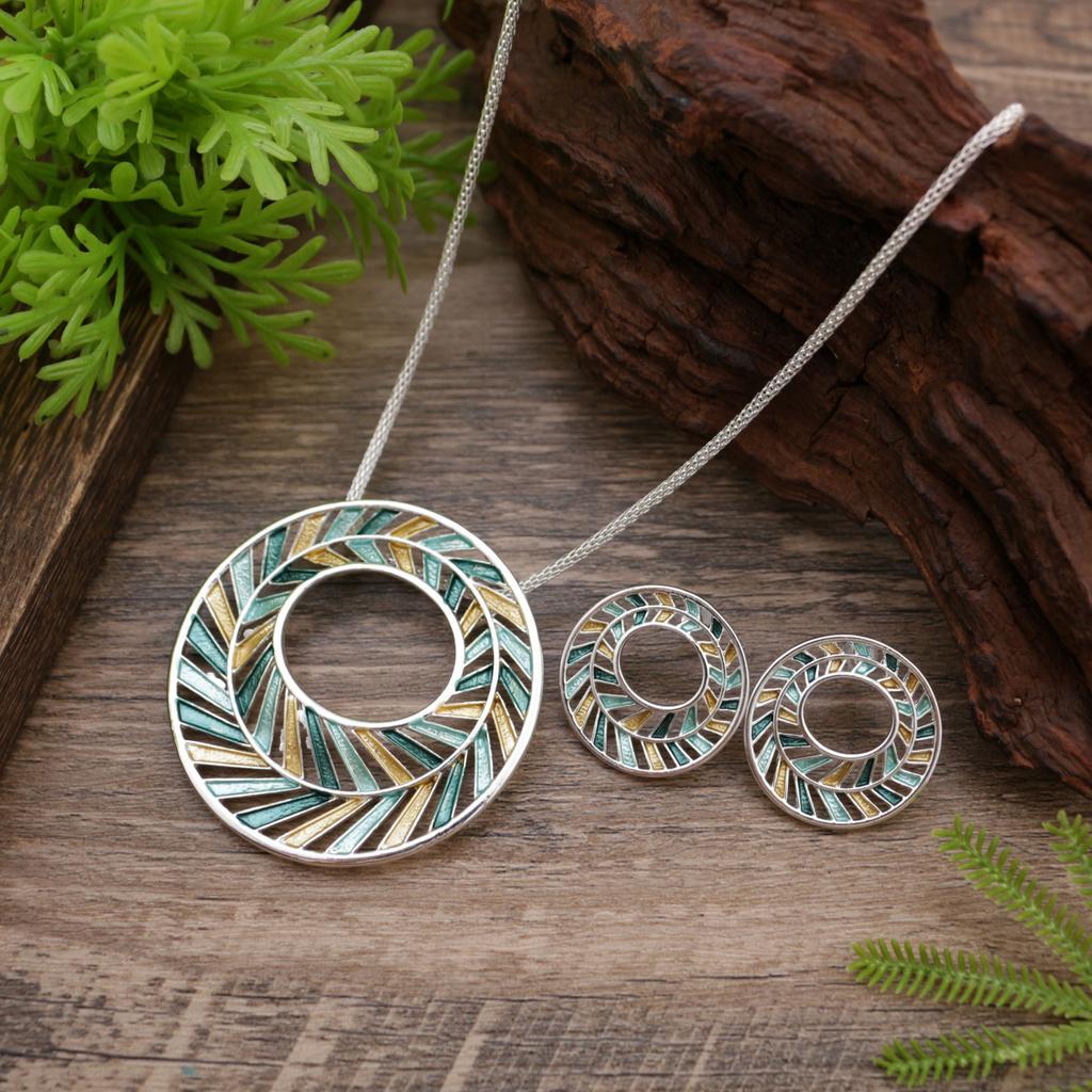 New color painting oil hollow ring stud earrings pendant set, women's exaggerated ring necklace.