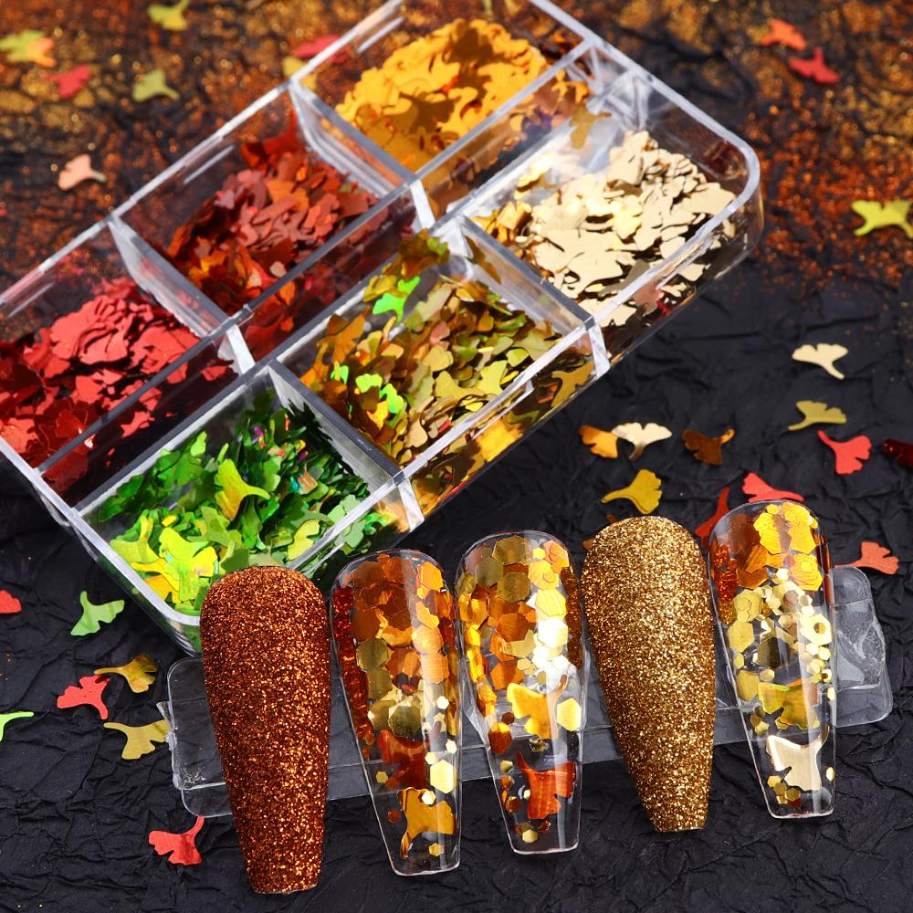 Colorful Ginkgo Leaf Nail Glitter Sequins Mixed Shiny Fallen Leaf Flakes DIY Autumn Nail Art Decoration Accessories Tool
