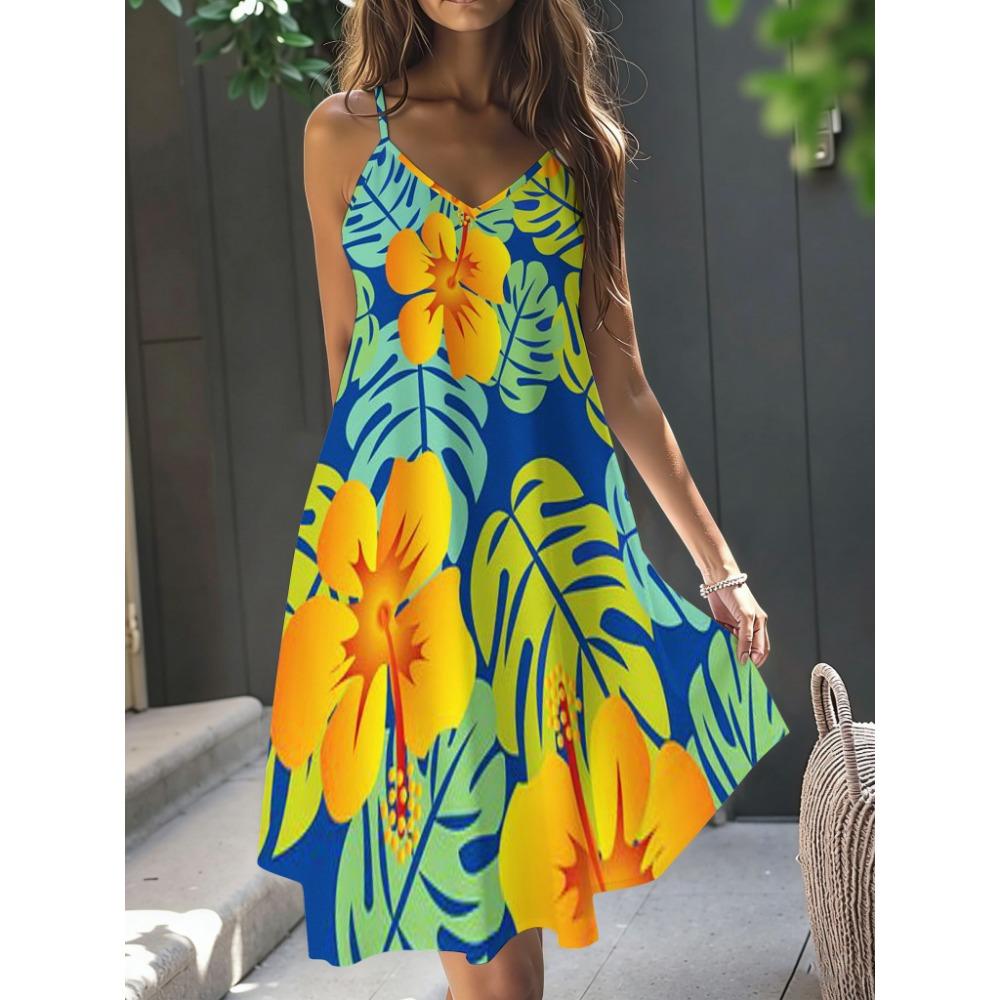 Women's Casual Bohemian Style, Summer Deep V-Neck Spaghetti Strap Midi Dress