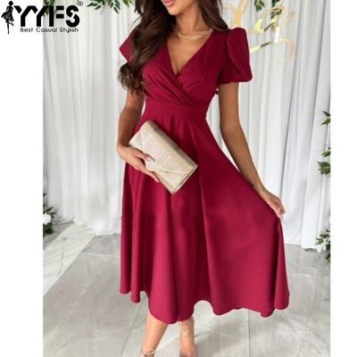 Women's Fashion Summer Spring Solid Color Print Short Sleeve V-Neck High Waist Casual Dresses