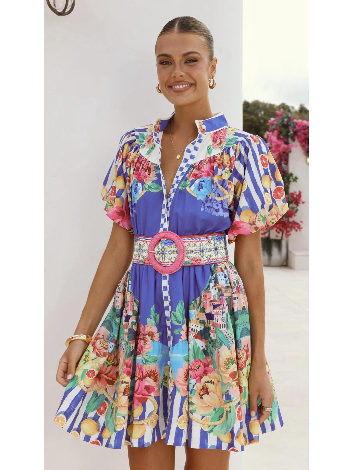 2025 Cross-Border Linen Puff Sleeve Casual Dress XL синий