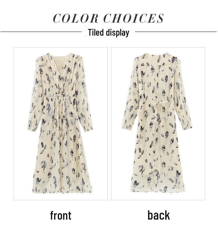 High-End Floral Print V-Neck Long Sleeve Summer Dress for Women