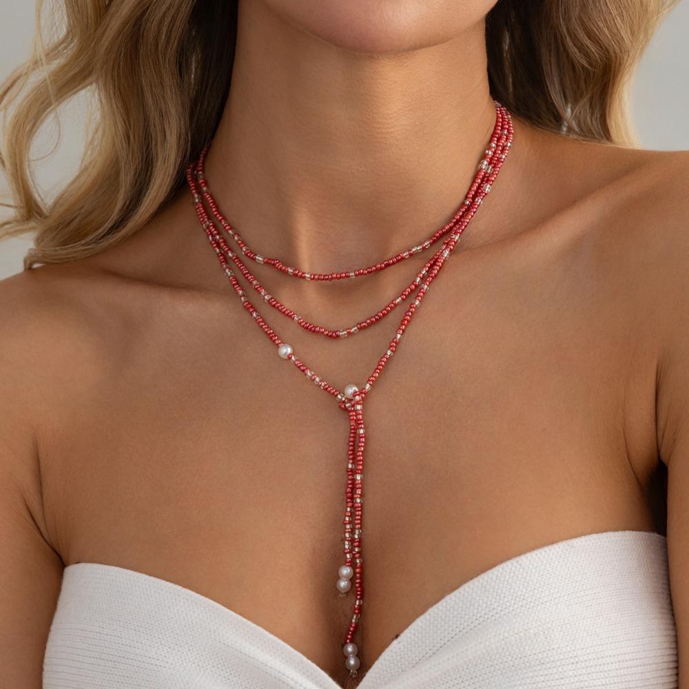 Bohemian Mixed Color Beaded Layered Necklace for Women Pearl Tassel Long Lariat Y-Shaped Choker Beach Vacation Party Jewelry