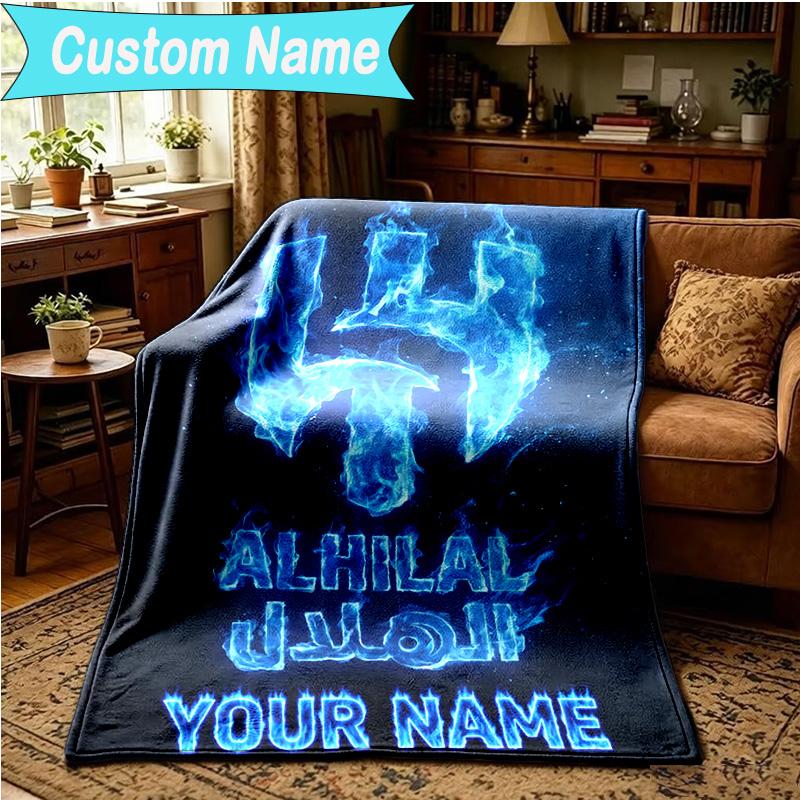 1PC Custom Name Blanket Al Hilal Emblem Design Flannel Blankets Patterns Throw Blanket All-Season Soft Gift for Couch, Bed, Camping, Birthday Gifts