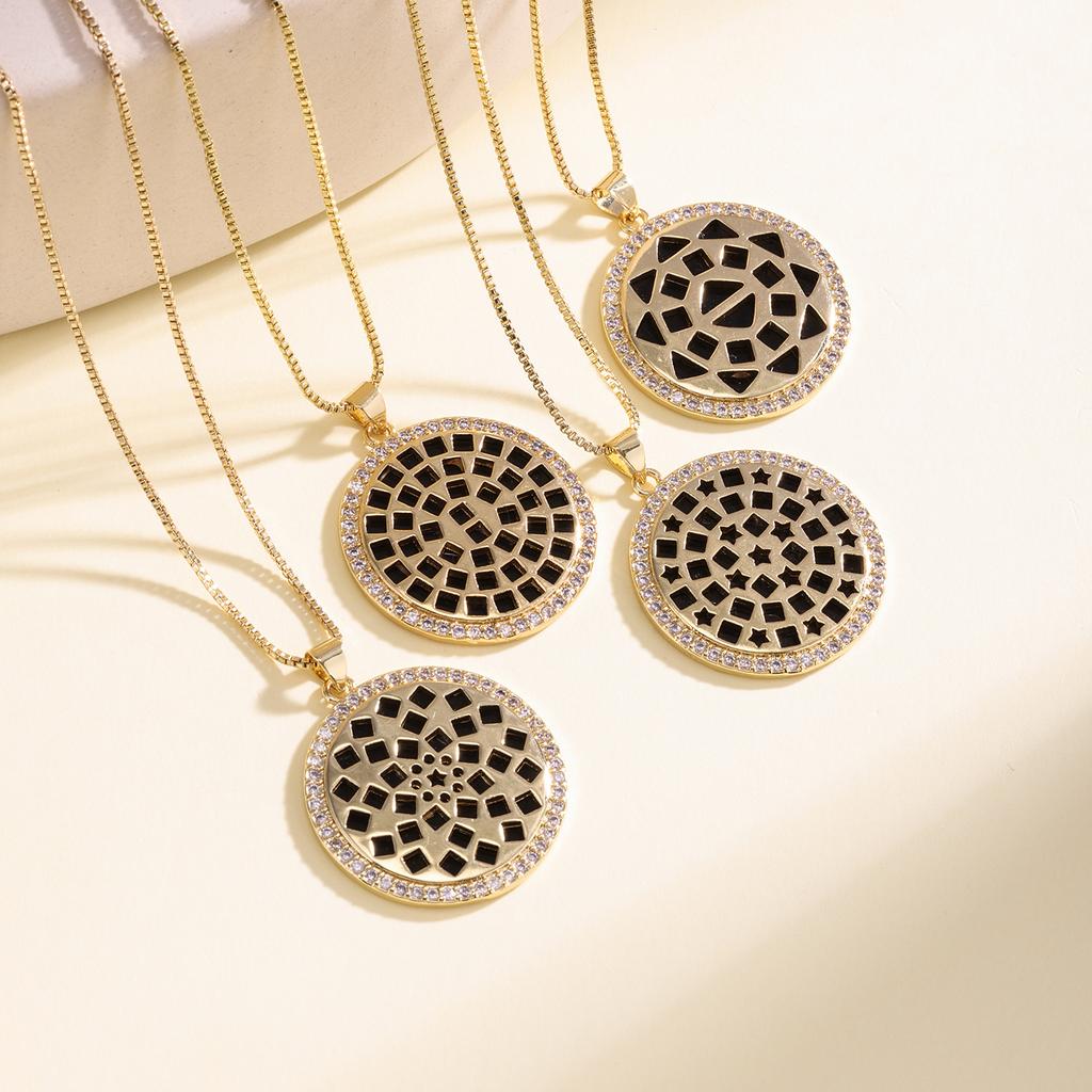 Nidin Geometric Mosaic Round Disk Pendant Necklace For Women Vintage Black Crystal Zircon Choker Trendy Statement Jewelry Gifts