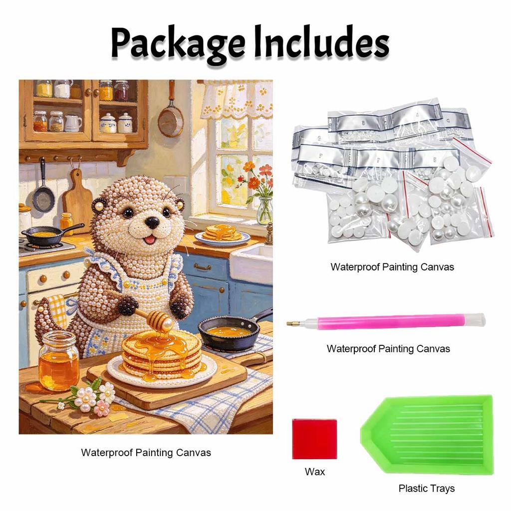 DIY 3D Pearl Diamond Painting Art Set Cute Otter Making Pancakes Home Decor Kitchen Art Set Wall Art
