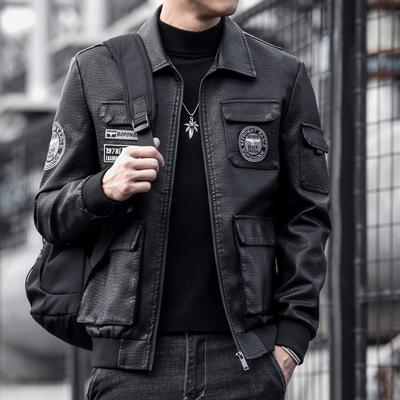 Oversized Leather Jacket With Plush And Thickened Men's Motorcycle Jacket Lapel Embroidery Trend Ruffian And Handsome Slim Fitting Leather Jacket
