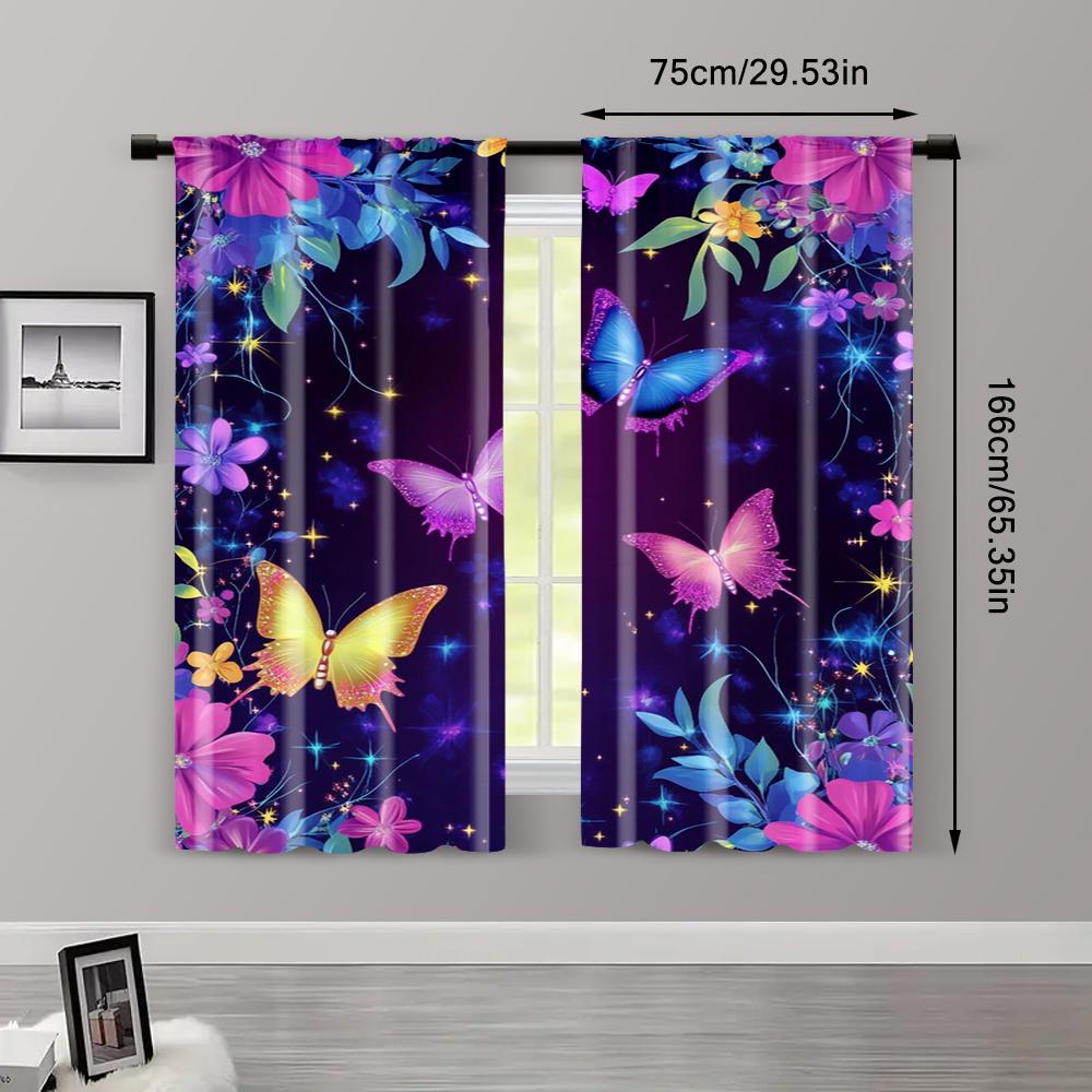 2pcs   Creative Curtains Modern Dream Luminous Blue Purple Butterfly Versatile Polyester Fabric (without rod) Decorations Outdoor