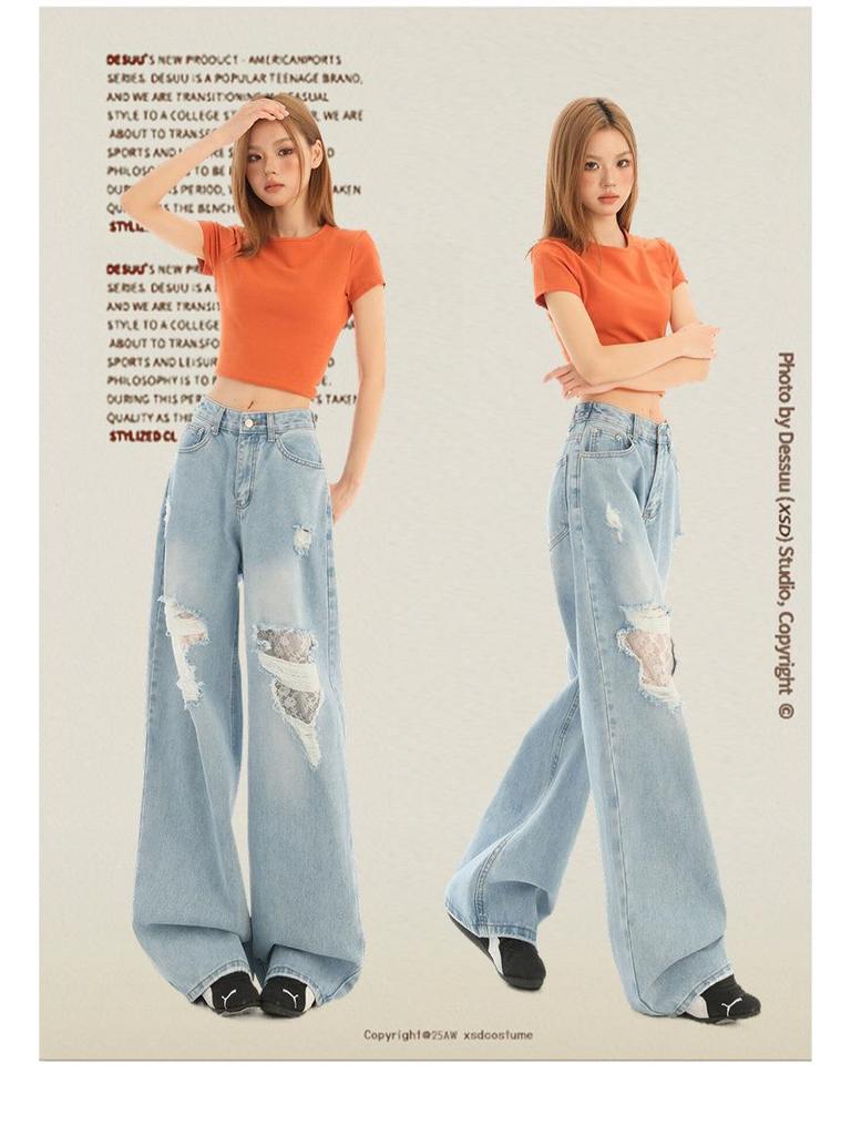 Damen High Waist Ripped Spitze Straight-Leg Loose Jeans - Sommer 2025