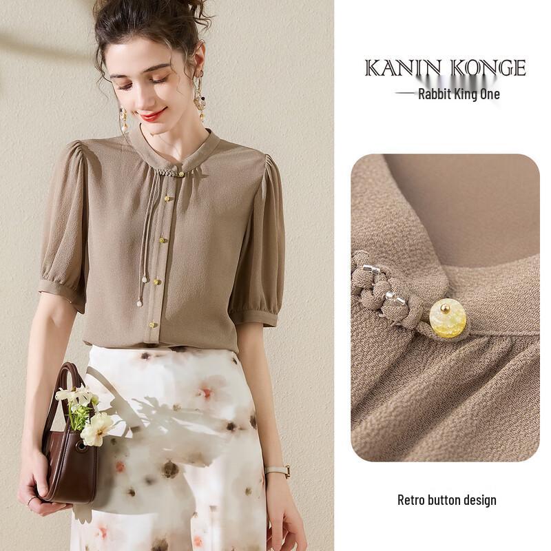 TUHUANG Women s 100% Mulberry Silk New Chinese Style Puff Sleeve Blouse 2XL