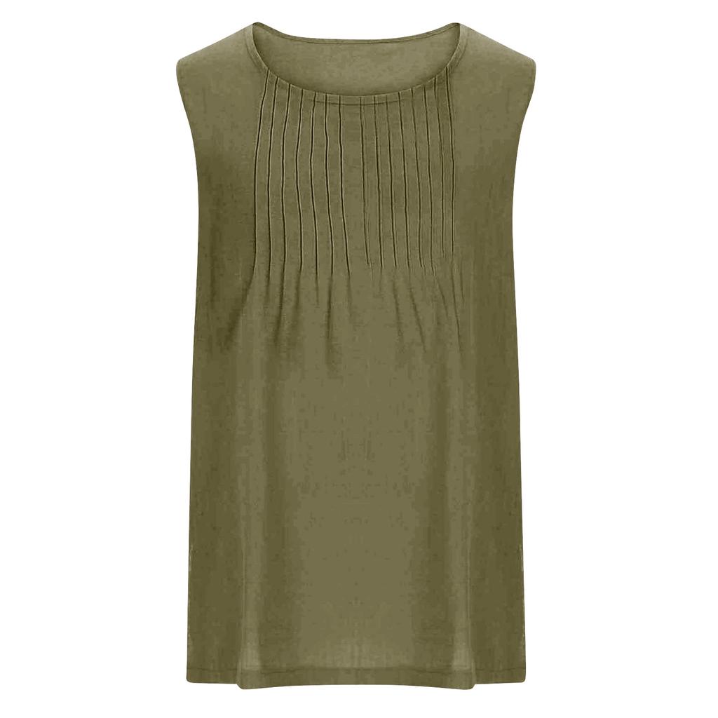 Women's Fashionable And Casual Sleeveless Vest -color Cotton And Linen Pleated Sleeveless Top T-shirt