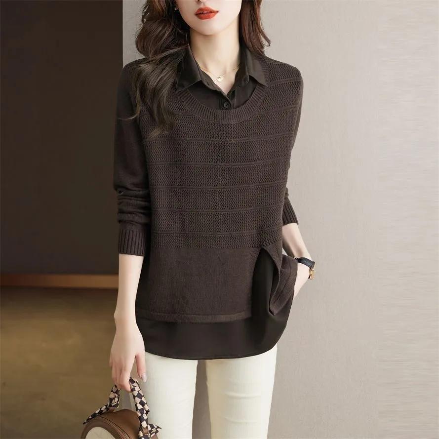 Korean Fake Two-piece Shirt Knitted Women's Spring Autumn Fashion Loose Sweater Bottoming Shirt Female Knitwear Tops
