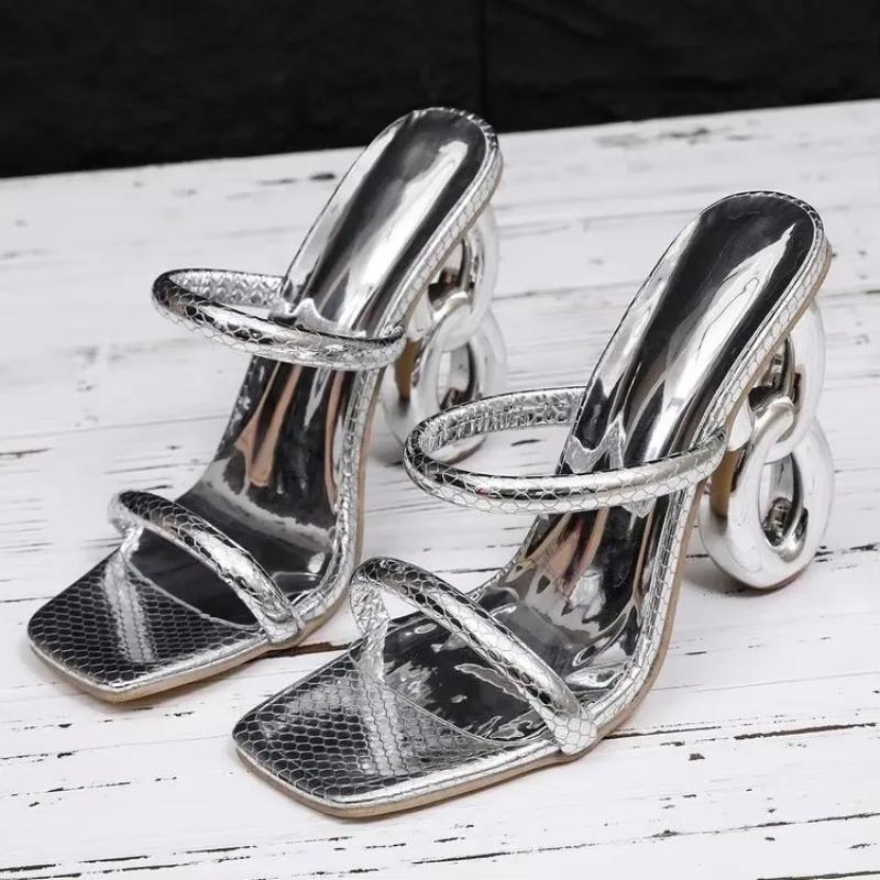 2024 High Heels Women Silver Luxury Designer Sandal Metallic Square Toe Heel Party Dress Shoes Pumps  Mainland China