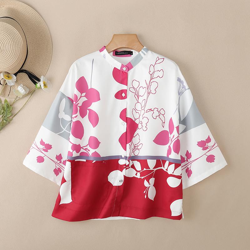 

ZANZEA Женская летняя блузка с воротником-стойкой, рукавом 3/4, свободного кроя, с принтом 4XL красный