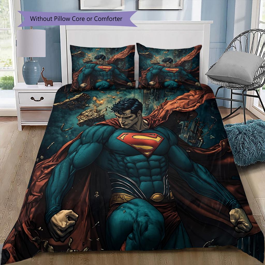 Hand-drawn Superman Bedding Set, 1 Duvet Cover & 2 Pillowcases, Suitable for Bedroom, Great Gift for Fans