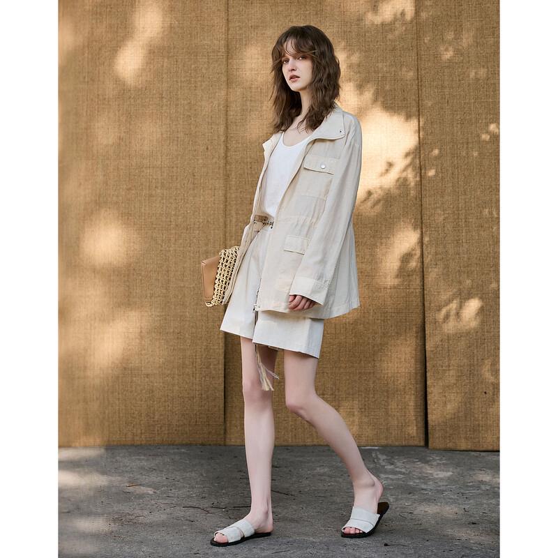 Demana Linen Blend Stand Collar Drawstring Waist Jacket