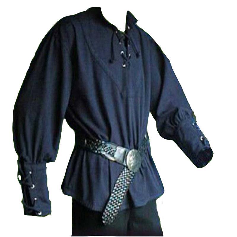 European and American Men's Retro Medieval Lace-Up Long Sleeve Loose-Fit Shirt
